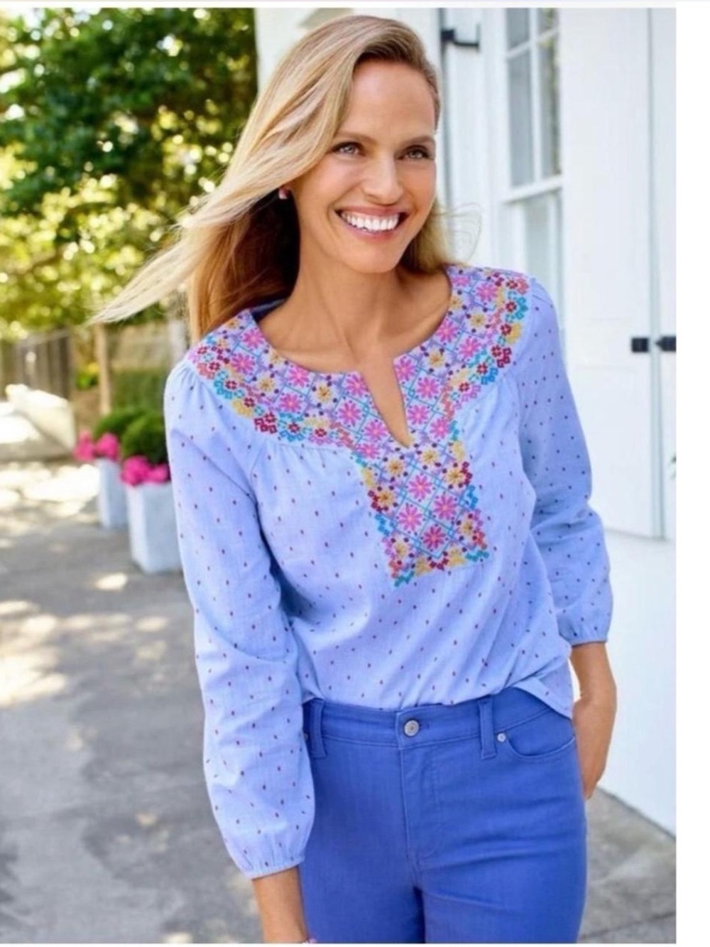 Talbots Light Blue Embroidered Split-Neck Blouse